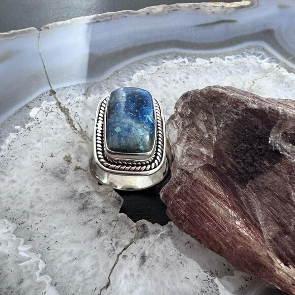 Sterling Southwestern Style Rectangle Neon Apatite Decorated Ring Sz 8 For Women - Picture 5 of 10
